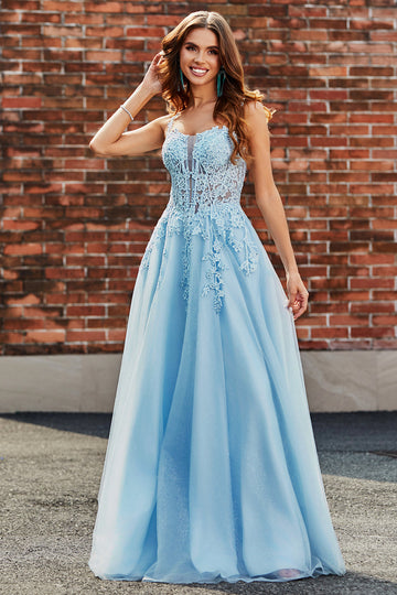 Splendido A Line Spaghetti Straps Azzurro Corsetto Prom Dress con Appliques